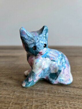 Vintage Ceramic Cat Figurine Floral Design Decoupaged Pattern Blue Pink Pastel